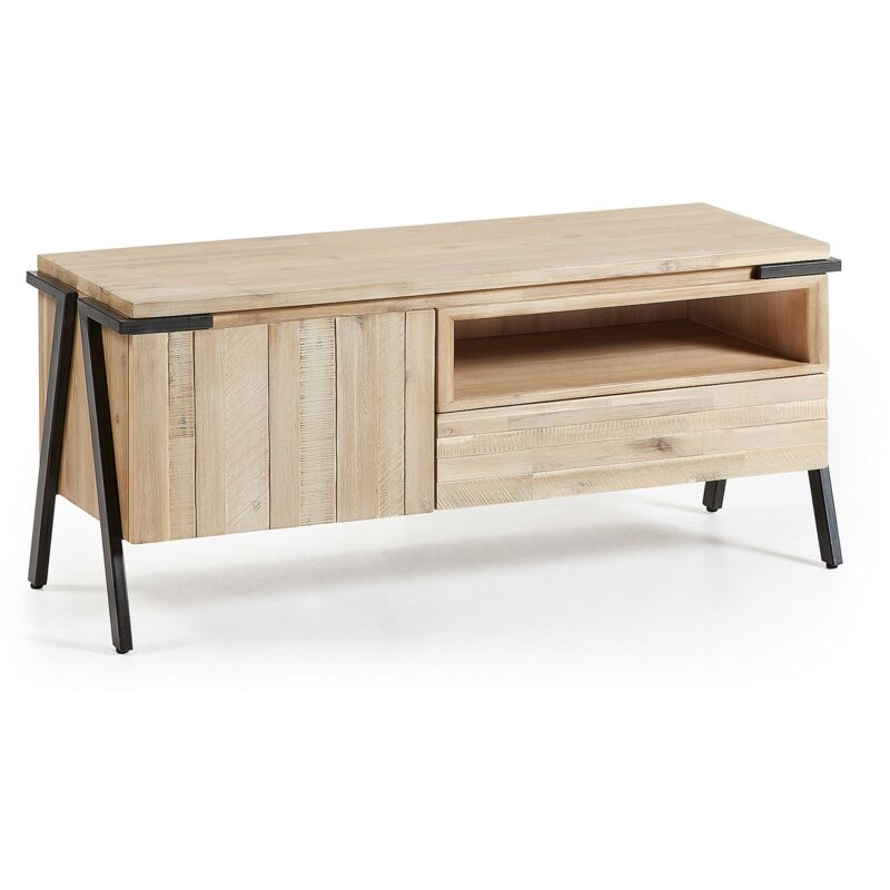 

Mueble de TV Thinh 125 x 53 cm con puerta y cajón de madera maciza de acacia y patas de acero en negro - Kave Home
