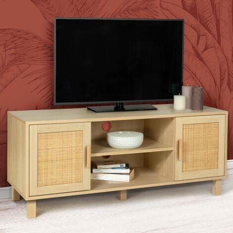 IDMARKET Mueble TV vintage 2 puertas ELIN efecto caña natural 115 cm