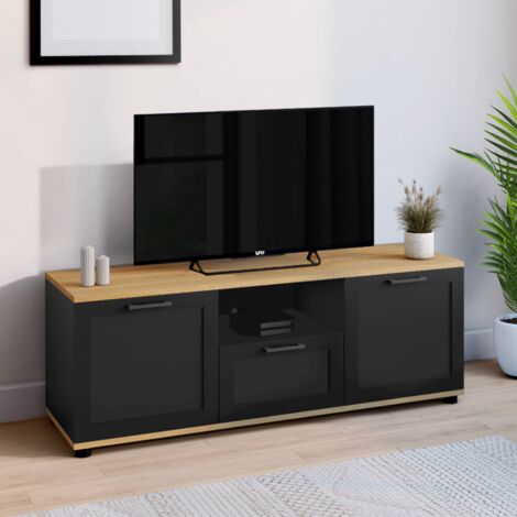 Mueble TV VITO 110 cm con cajón y hornacina, negro y madera