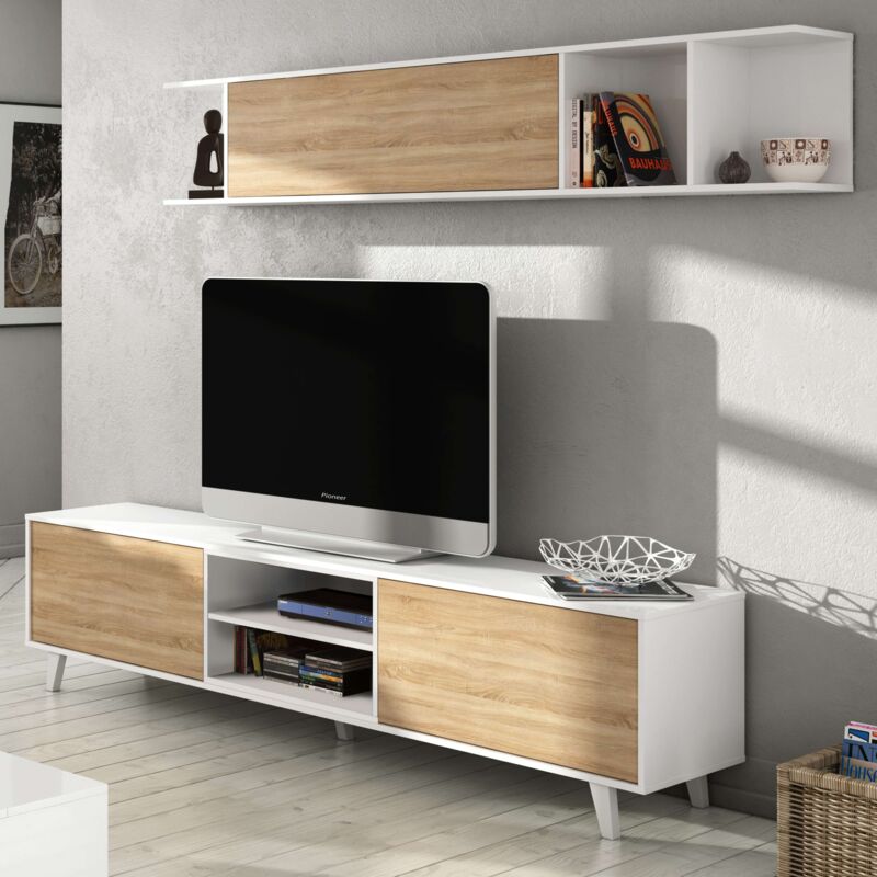 

Mueble salón comedor estilo nórdico modular blanco brillo y roble 180x54x41 cm