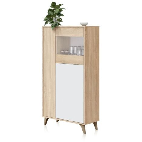 MIRAKEMUEBLE Mueble vitrina Kikua de 3 puertas en roble canadian y blanco artik 142x77x33 cm