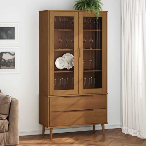 Mueble vitrina  madera maciza de pino marrón 90x35x175 cm