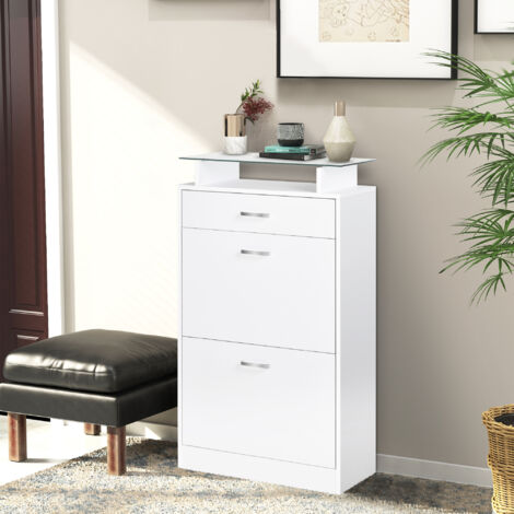 Mueble Zapatero Armario Zapatero con 3 Cajones Estante de Vidrio y Asa de Aluminio para Pasillo 60x24x105,5 cm Blanco