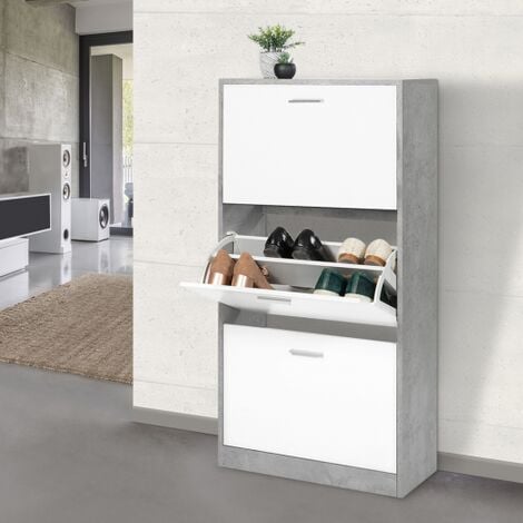 IDMARKET Mueble zapatero blanco de 3 puertas KLARK efecto hormigón