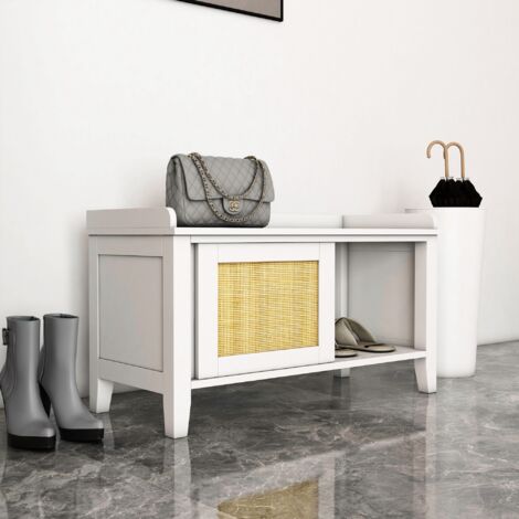 Mueble Zapatero con Banco con 2 Puertas de Ratán Estilo Cannage Carga 130 kg para Pasillo 80x35x45 cm Blanco y Natural