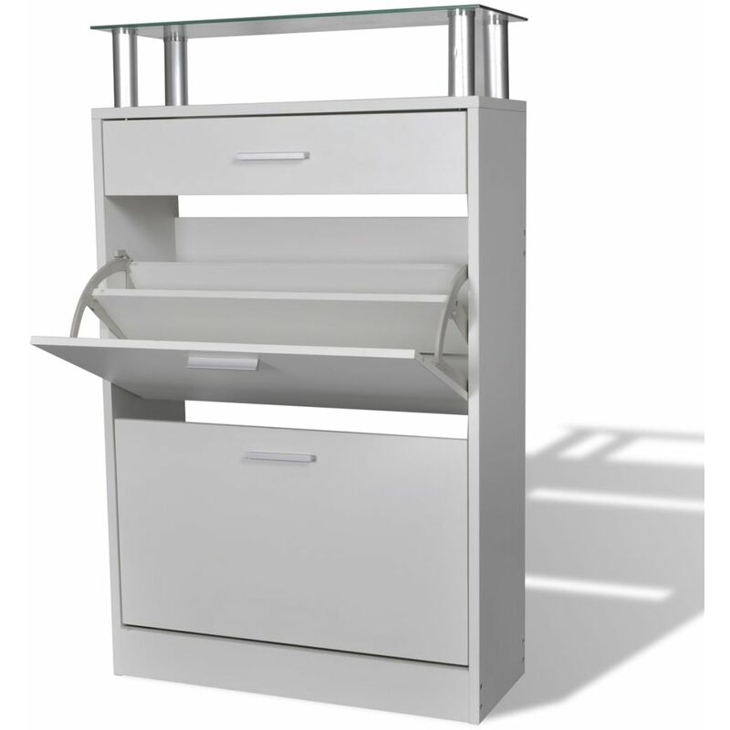 

Happyshopping - Mueble zapatero con cajon y estante superior de vidrio blanco