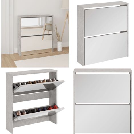 Mueble zapatero con espejo 2 niveles gris hormigón 63x17x67 cm - Mueble de zapatos - Armario con espejo
