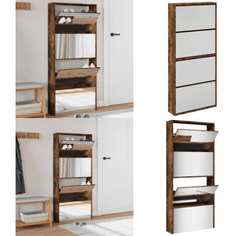 Mueble zapatero con espejo 4 niveles roble ahumado 63x17x134 cm - Mueble de almacenamiento - Mueble de pasillo