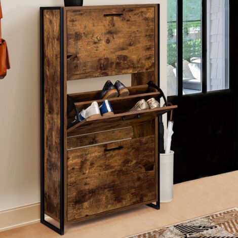 Mueble zapatero DAYTON 3 puertas efecto envejecido de diseño industrial