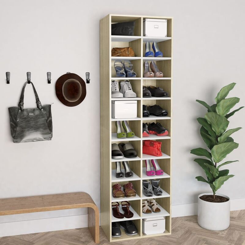

Mueble zapatero de aglomerado blanco y roble Sonoma 54x34x183cm