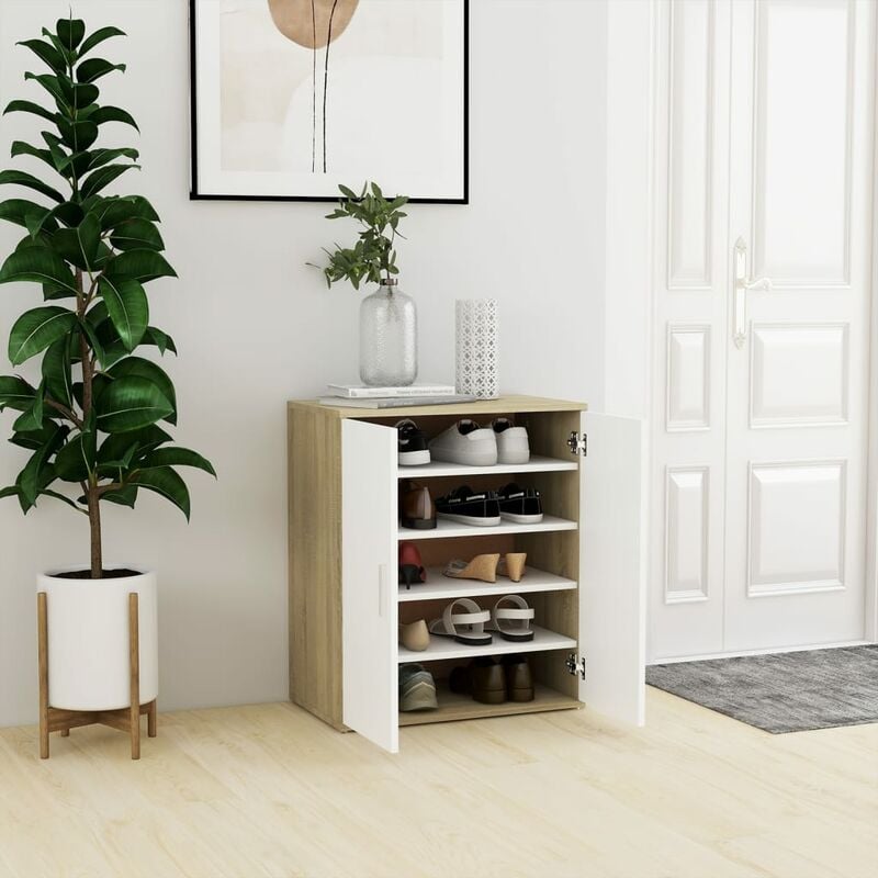 

Mueble zapatero de aglomerado blanco y roble Sonoma 60x35x70 cm
