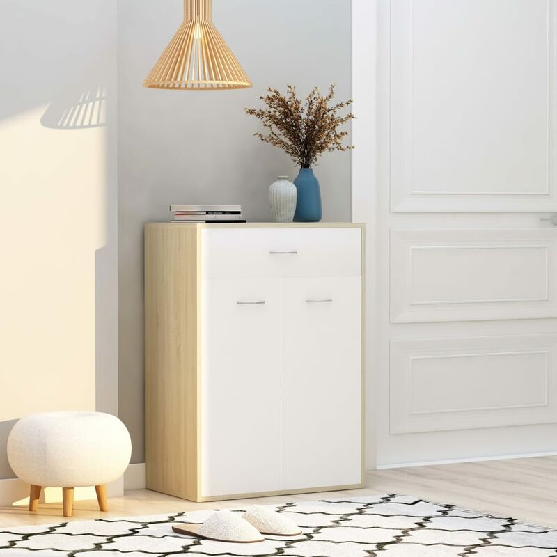 

Mueble zapatero de aglomerado blanco y roble Sonoma 60x35x84 cm - Beige