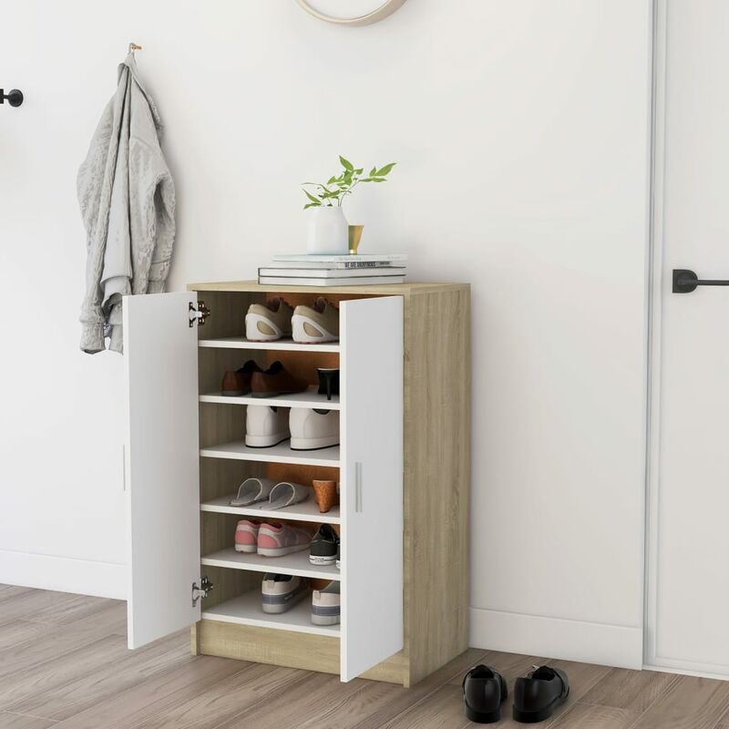 

Mueble zapatero de aglomerado blanco y roble Sonoma 60x35x92 cm