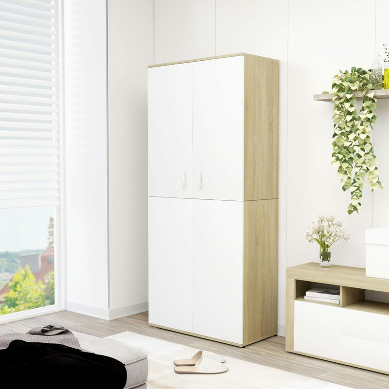 

Mueble zapatero de aglomerado blanco y roble Sonoma 80x39x178cm