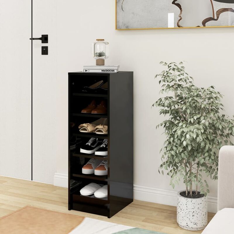 

Mueble zapatero de aglomerado negro brillante 31,5x35x90 cm