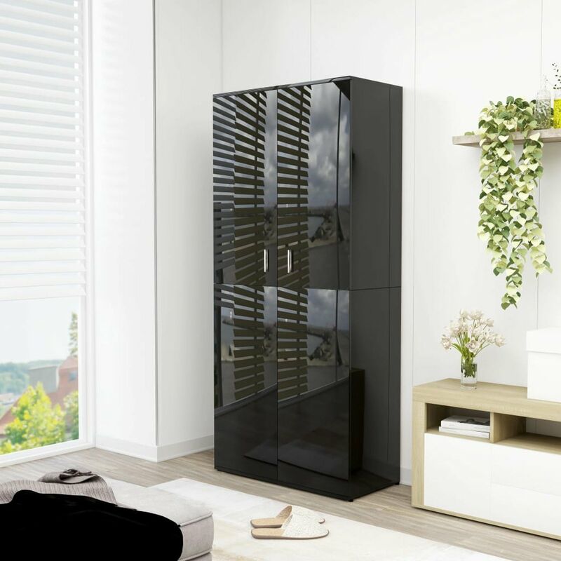 

Happyshopping - Mueble zapatero de aglomerado negro brillante 80x39x178 cm