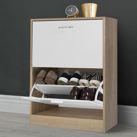 Mueble zapatero KLARK imitación haya, 2 puertas blancas