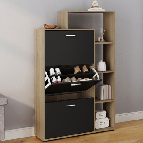 Mueble zapatero KLARK imitación haya 3 puertas negro con estante