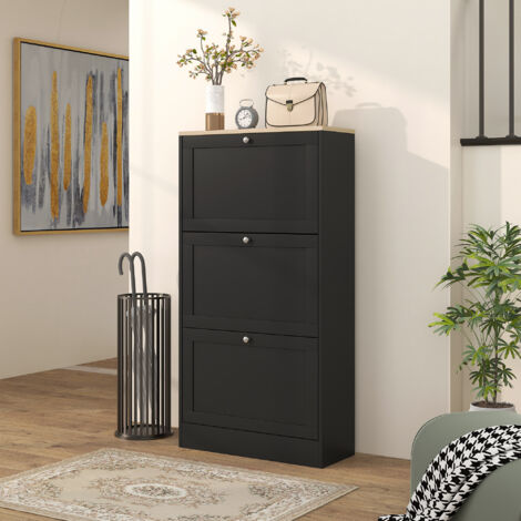 Mueble Zapatero Moderno con 3 Cajones Abatibles y Estantes Ajustables para 18 Pares de Zapatos 60x23,5x115 cm Negro