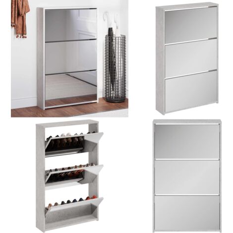 Mueble zapatero y espejo 3 niveles gris hormigón 63x17x102,5 cm - Mueble de zapatos - Armario de zapatos 3 niveles