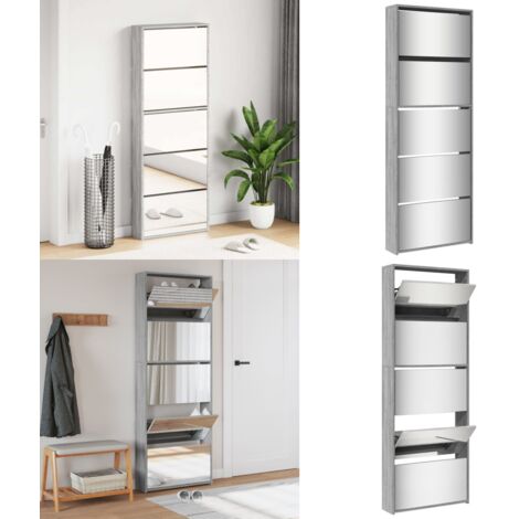 Mueble zapatero y espejo 5 niveles gris Sonoma 63x17x169,5 cm - Mueble de zapatos - Armario de zapatos 5 niveles