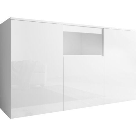 Muebles Bonitos – Buffet bas 3 portes 140x80x40cm – Panneaux en mélamine brillante – Ouverture push-click – Meuble de rangement moderne blanc