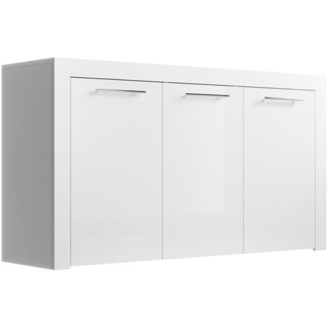Muebles Bonitos – Buffet bas 3 portes en brillant – Poignées inox – Dimensions 144x80x42cm – Meuble de rangement moderne – Pour salle à manger ou salon
