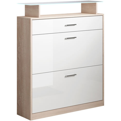 Muebles Bonitos – Meuble à chaussures avec LED – 105x89x24cm – 2 portes battantes et 1 tiroir – Structure en mélamine mate et brillante