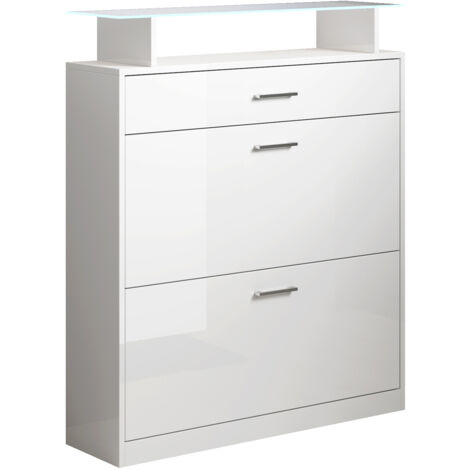 Muebles Bonitos – Meuble à chaussures avec LED – 2 portes et 1 tiroir – Dimensions 105x89x24cm – Structure en mélamine brillante – Étagère en verre éclairée