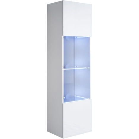 Muebles Bonitos – Vitrine murale 1 porte avec LED – Dimensions 40x165x29cm – 4 compartiments en verre – Panneaux en mélamine brillante