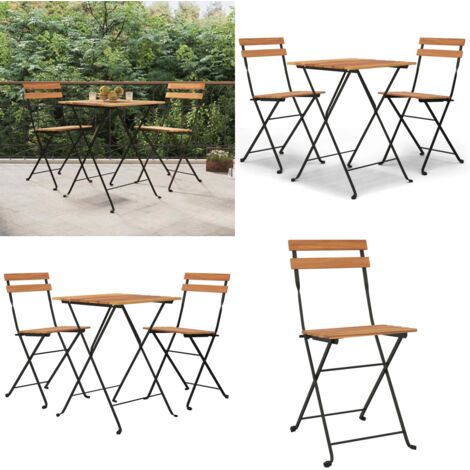 Muebles cafetería plegables 3 piezas madera maciza teca y acero - Mesa plegable - Sillas plegables