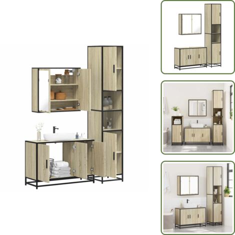 Muebles de baño con espejo - vidaXL Set de muebles de baño 3 pzas madera contrachapada roble Sonoma - Armario con lavabo