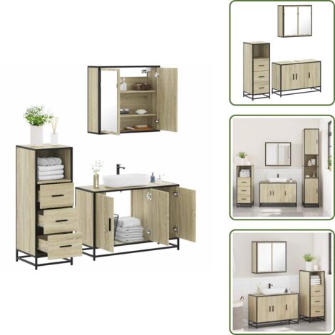 Muebles de baño con espejo - vidaXL Set de muebles de baño 3 pzas madera contrachapada roble Sonoma - Armario de baño con lavabo