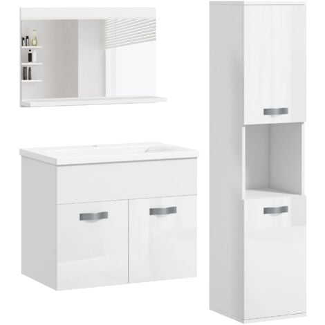 KLEANKIN Muebles de baño con lavabo y espejo columna de baño conjunto de muebles de baño de pared de 3 piezas estilo moderno blanco