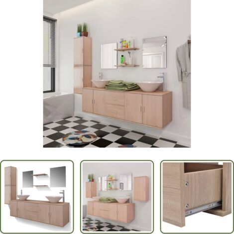 Muebles de baño -  Conjunto de muebles de baño con lavabo y grifo 11 piezas beige