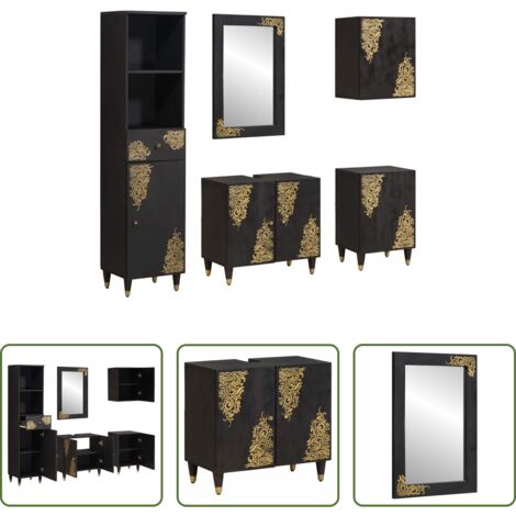 Muebles de baño -  Juego de Muebles de Baño 5 pcs Negro Madera de mango maciza