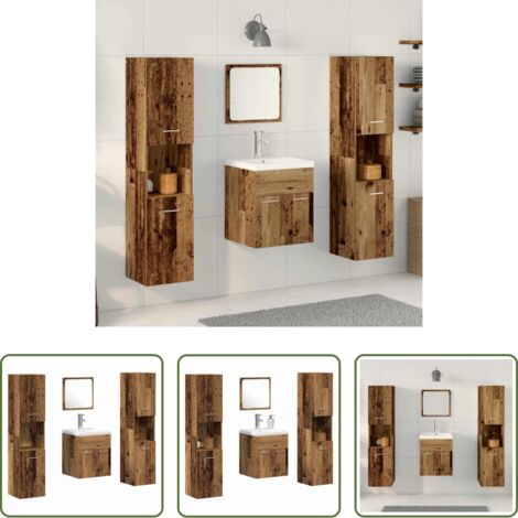 Muebles de baño modernos -  Juego de muebles de baño con puerta 4 pcs Madera envejecida