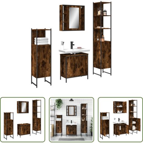 Muebles de baño -  Set de muebles de baño 4 piezas madera contrachapada roble humo