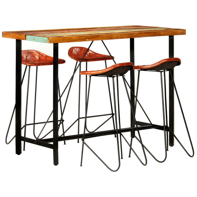 

Muebles de bar 5 piezas madera maciza reciclada cuero autentico