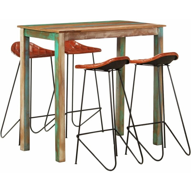 

Muebles de bar 5 piezas madera maciza reciclada cuero auténtico - Marrón - Vidaxl