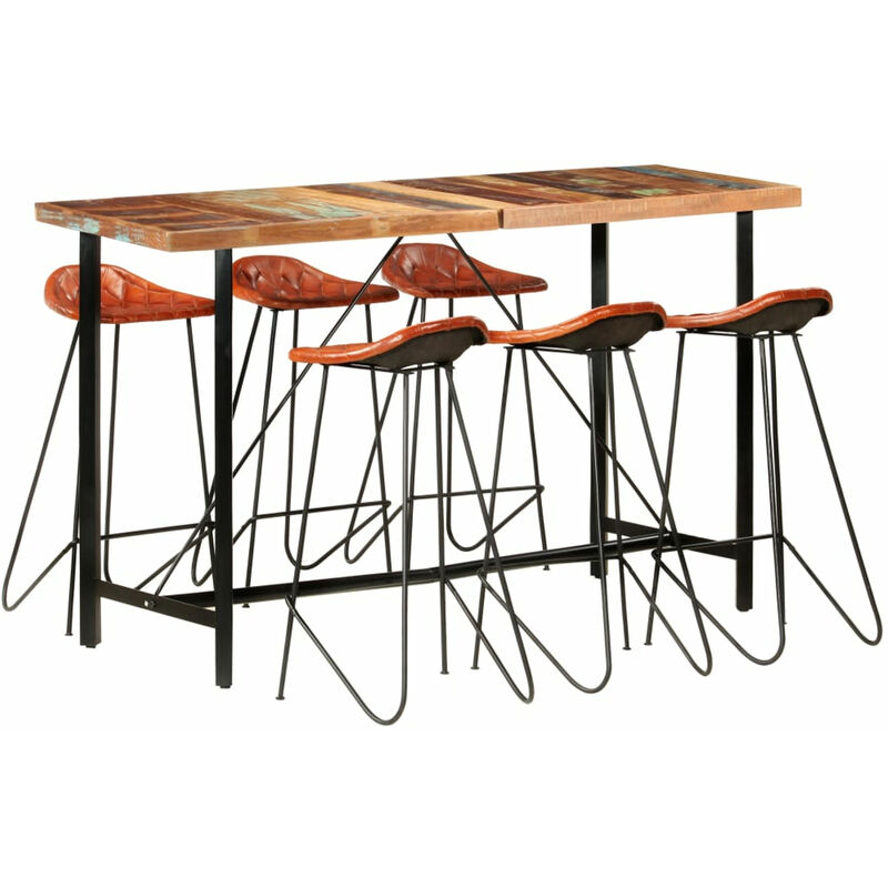 

Muebles de bar 7 piezas madera maciza reciclada cuero autentico