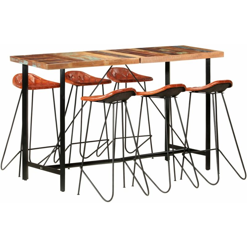 

BHD - Muebles de bar 7 piezas madera maciza reciclada cuero auténtico