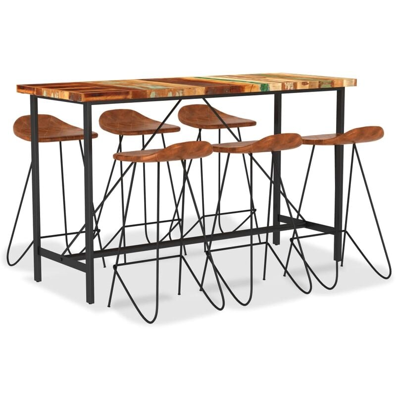 

BHD - Muebles de bar 7 piezas madera maciza reciclada cuero auténtico
