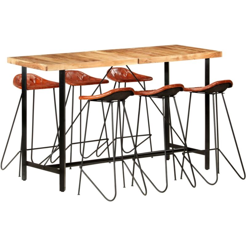 

Muebles de Bar 7 Piezas Cuero Auténtico Madera Maciza Acacia 180x70x107 cm - Marrón - Vidaxl