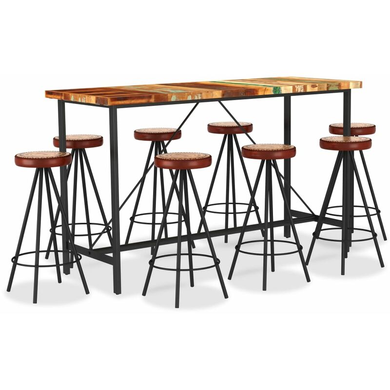 

BHD - Muebles de bar 9 pzas madera maciza reciclada cuero real lona