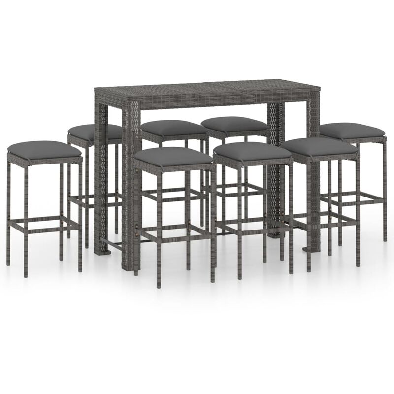 

Muebles de bar para jardín 9 pzas cojines ratán sintético gris