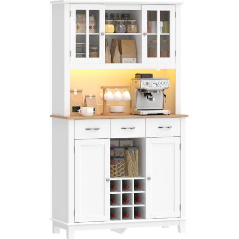 Muebles de cocina blancos con iluminación LED controlada por aplicación, encimera para microondas, botellero, puertas de cristal.