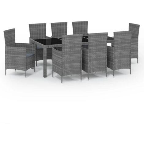 Muebles de comedor de jardín de 9 piezas y cojines de resina tejida en gris.