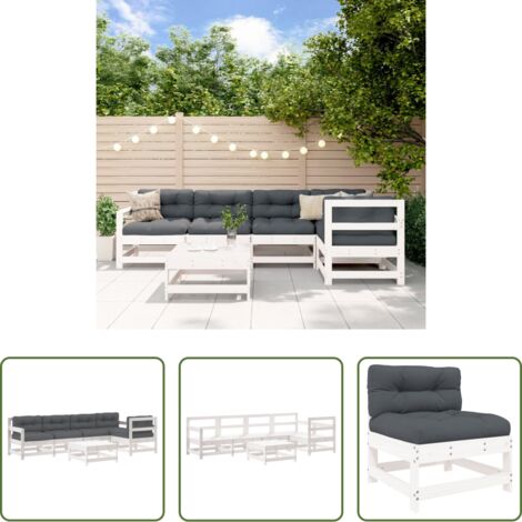 Muebles de exterior -  Juego de muebles jardín 6 piezas y cojines madera maciza blanco
