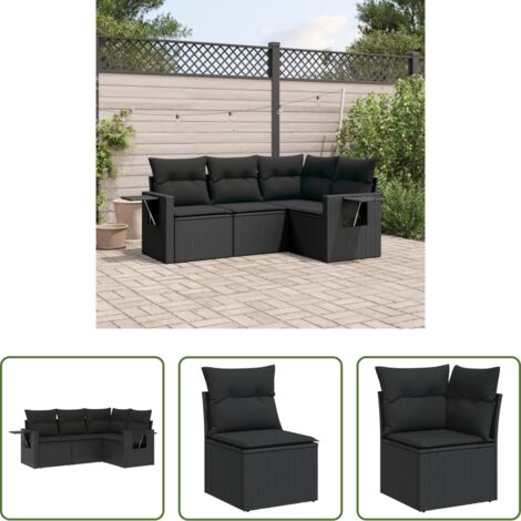 Muebles de exterior -  Juego de sofás jardín 4 pzas con cojines ratán sintético negro